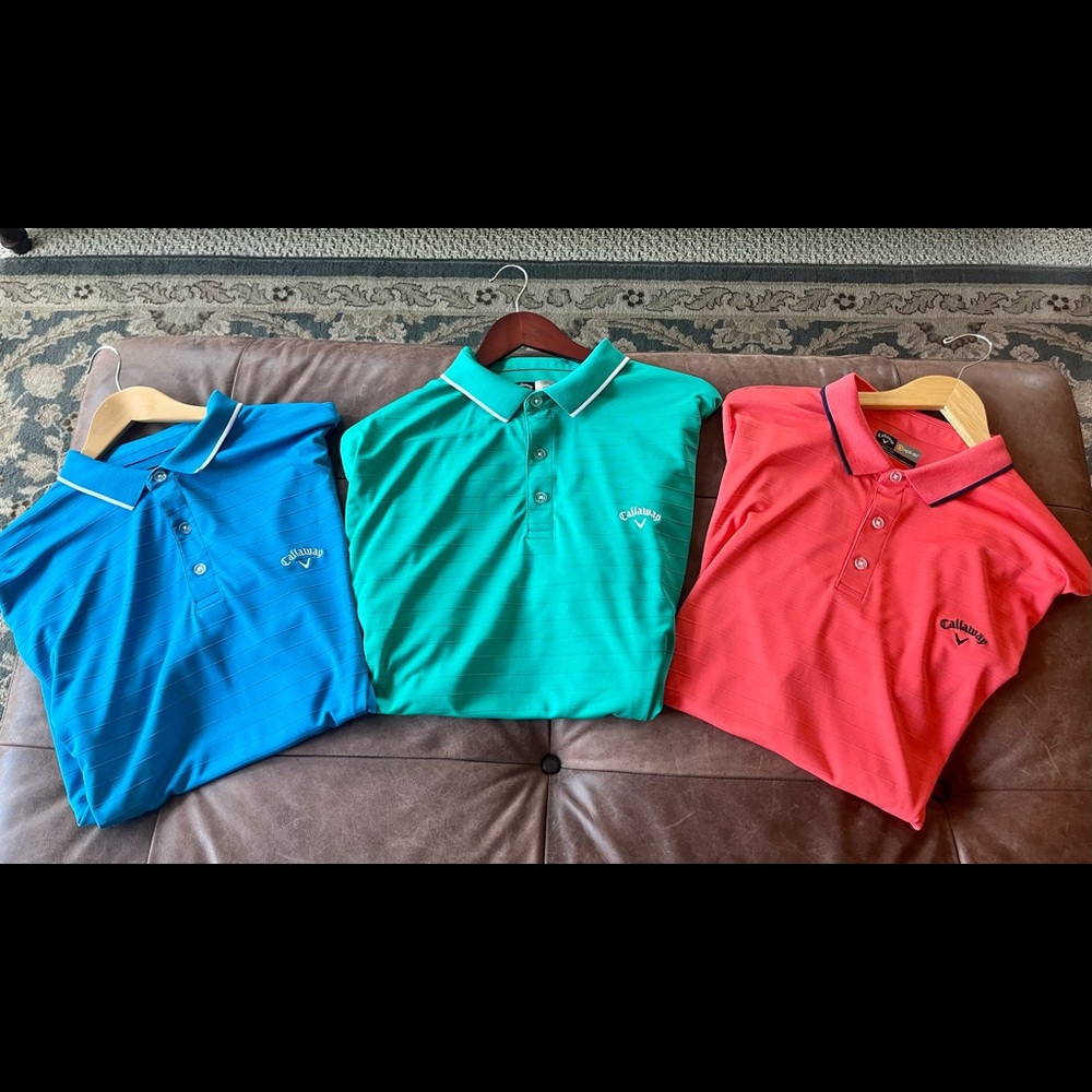 Three xxl opti-dry Callaway golf shirts blue, green and coral. New w/o tags